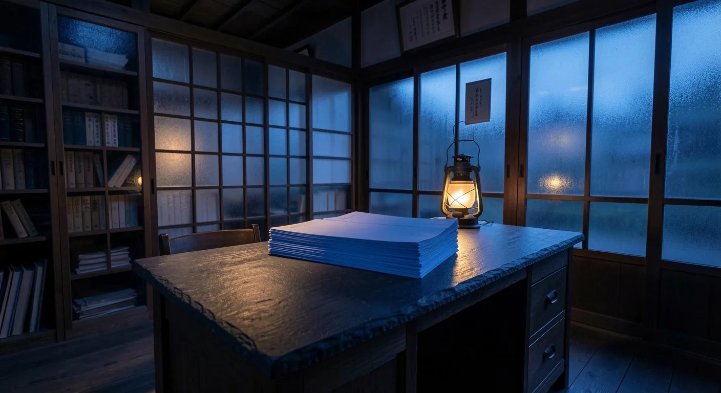 夜のアーカイブオフィスのデスク景色
